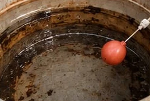 Caixa d’água por dentro antes da limpeza, com lodo e manchas escuras